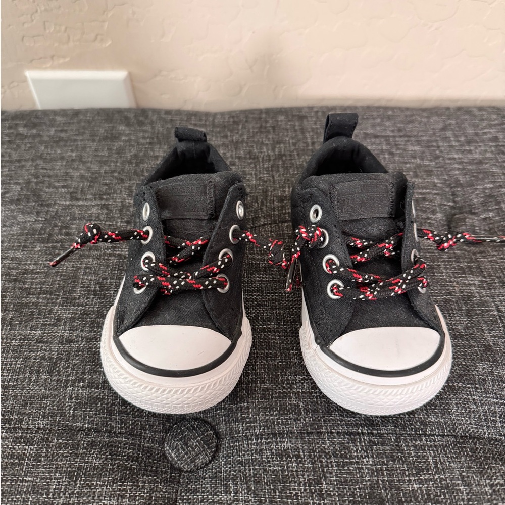Stylish Kids Black Sneakers with Red Accents